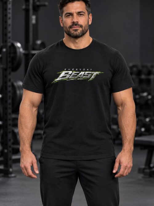Male model wearing the black BEAST Claw Tee, front view